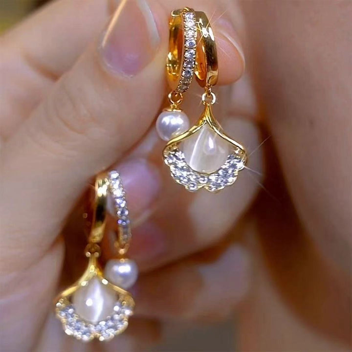 Ginkgo Leaf Drop Earrings with Pearl & Diamond Accents