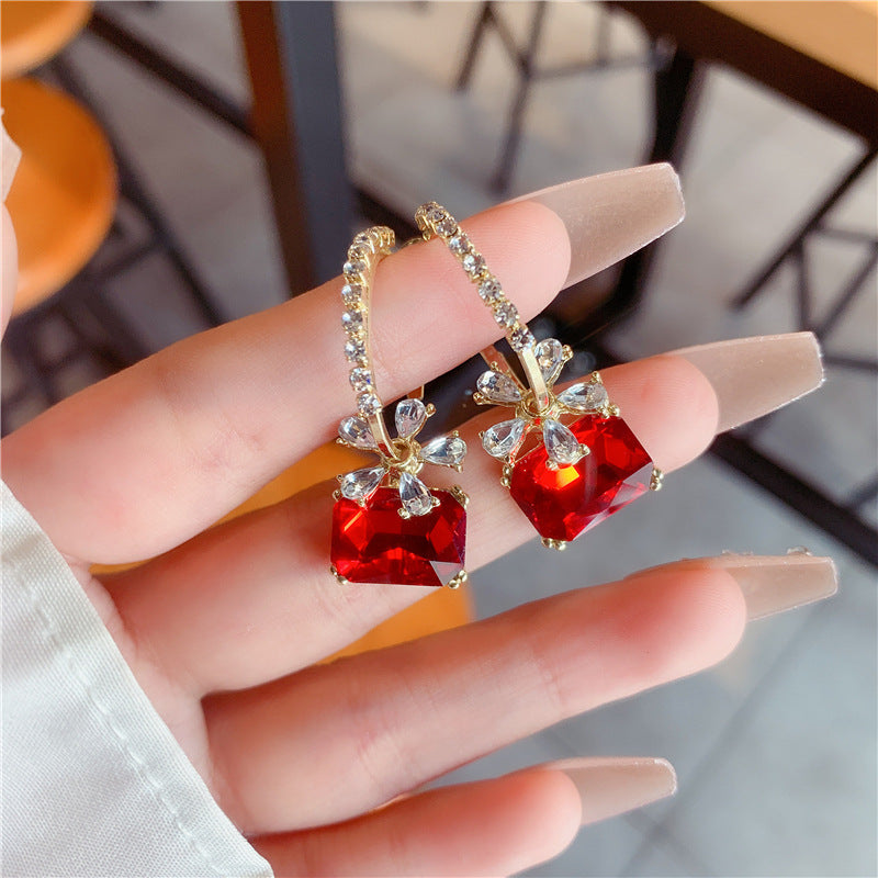 S925 Sterling Silver Rectangle Gemstone Floral Diamond Drop Earrings