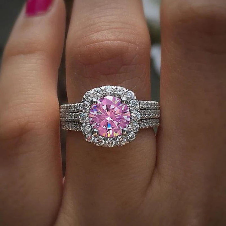 Three-Row Halo Engagement Ring Cushion Cut Gemstone Promise Ring for Women