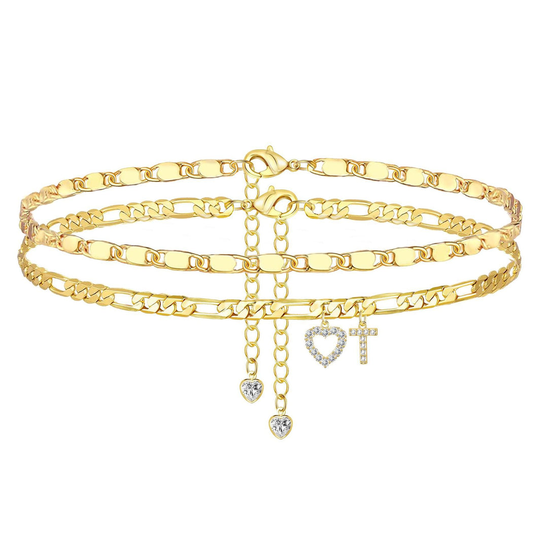 Layered Initial Heart Bracelet & Anklet Set 26 Letters Customizable Beach Jewelry for Women