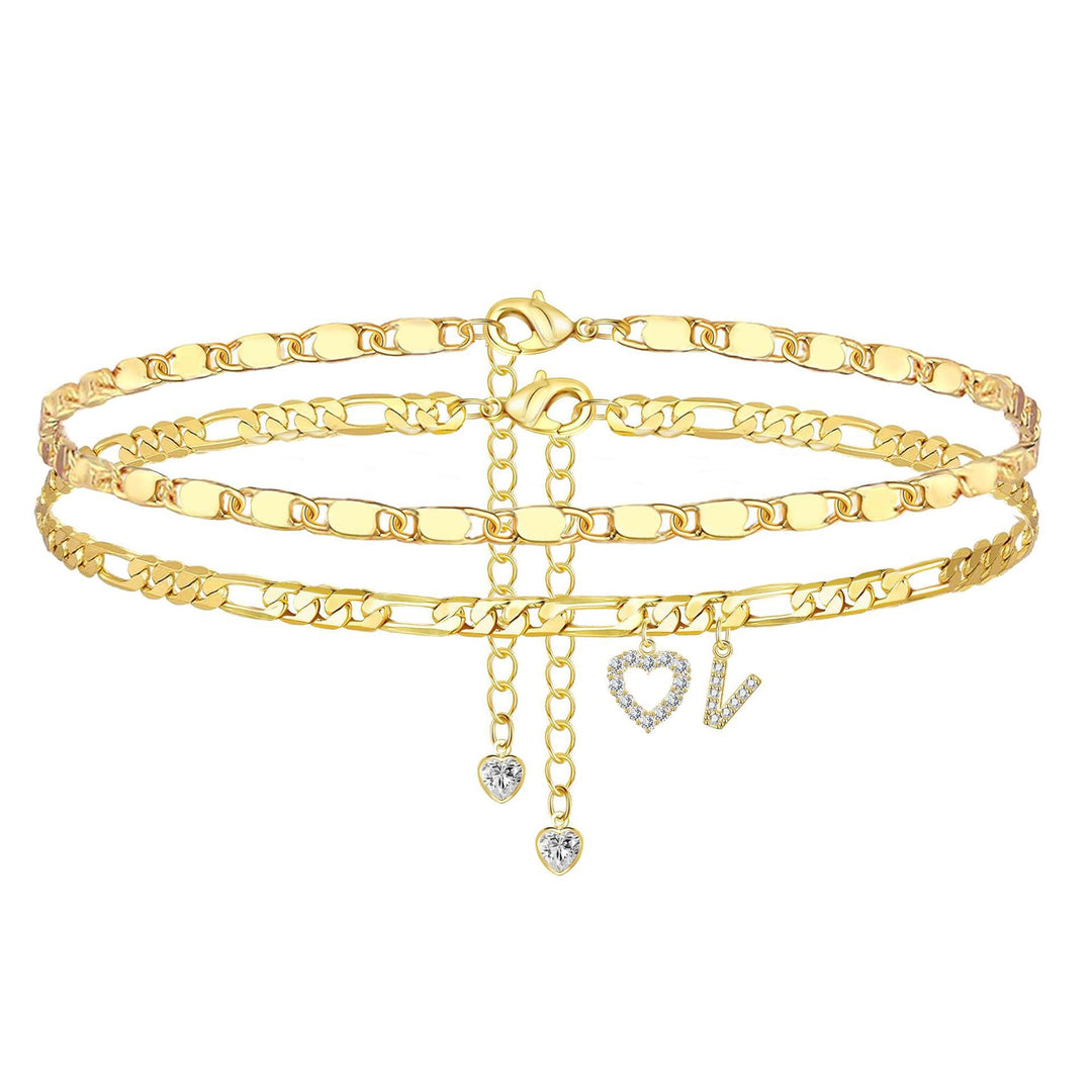 Layered Initial Heart Bracelet & Anklet Set 26 Letters Customizable Beach Jewelry for Women
