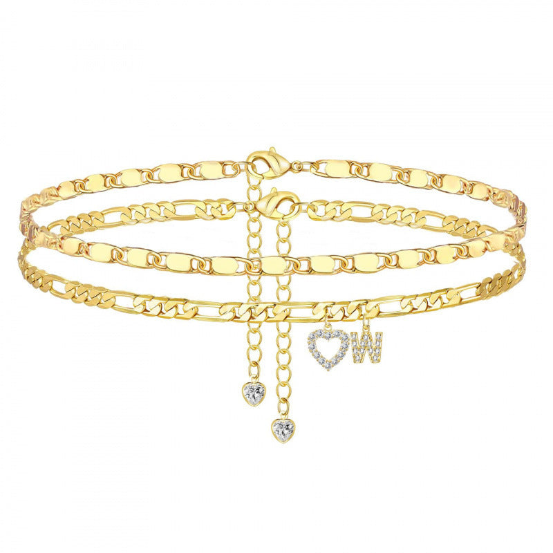 Layered Initial Heart Bracelet & Anklet Set 26 Letters Customizable Beach Jewelry for Women