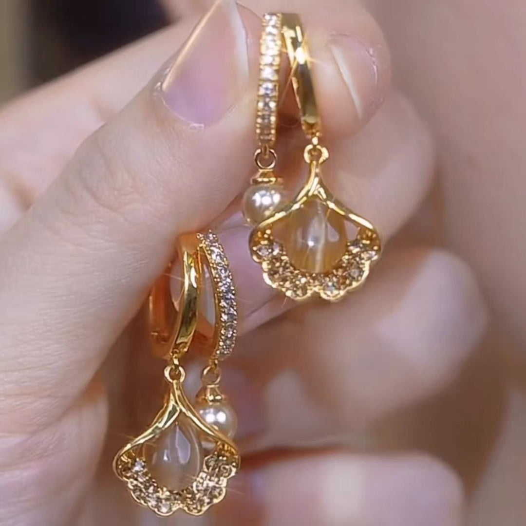 Ginkgo Leaf Drop Earrings with Pearl & Diamond Accents