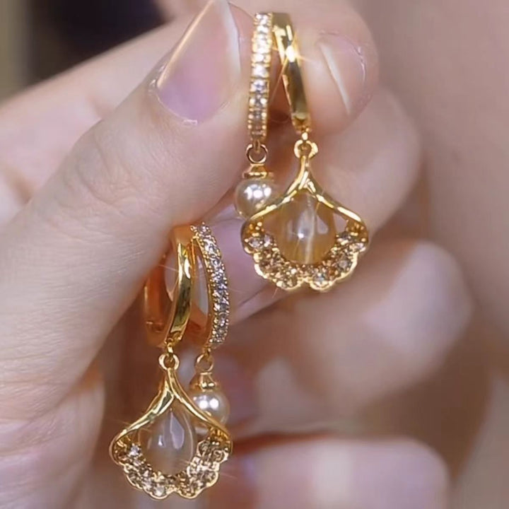 Ginkgo Leaf Drop Earrings with Pearl & Diamond Accents
