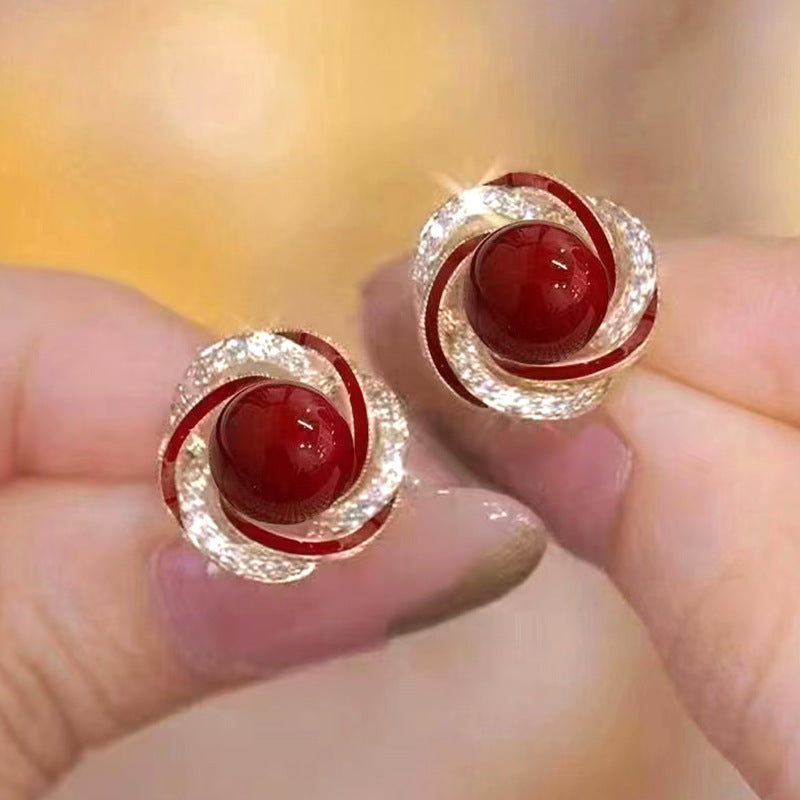 14K Gold Plated Spiral Natural Pearl Diamond Stud Earrings With S925 Sterling Silver Posts