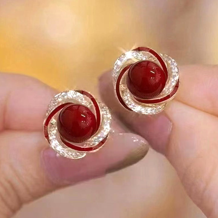 14K Gold Plated Spiral Natural Pearl Diamond Stud Earrings With S925 Sterling Silver Posts