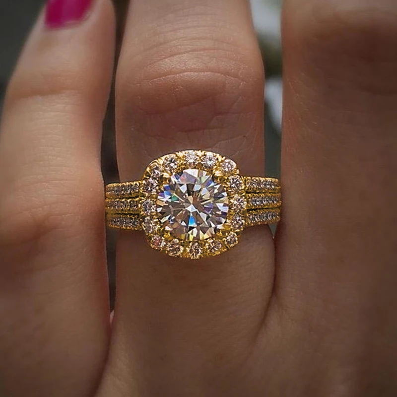 Three-Row Halo Engagement Ring Cushion Cut Gemstone Promise Ring for Women