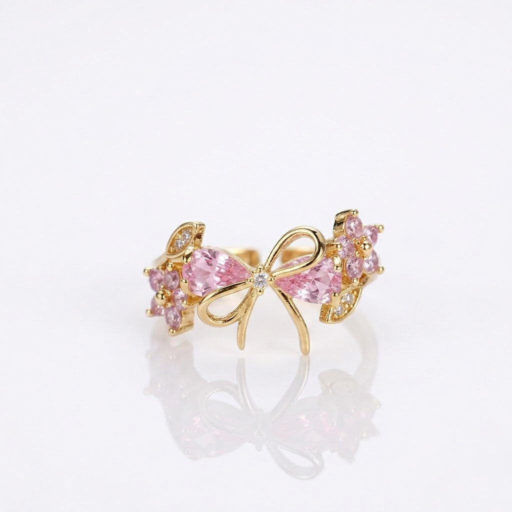 Bow & Floral Gemstone Open Ring