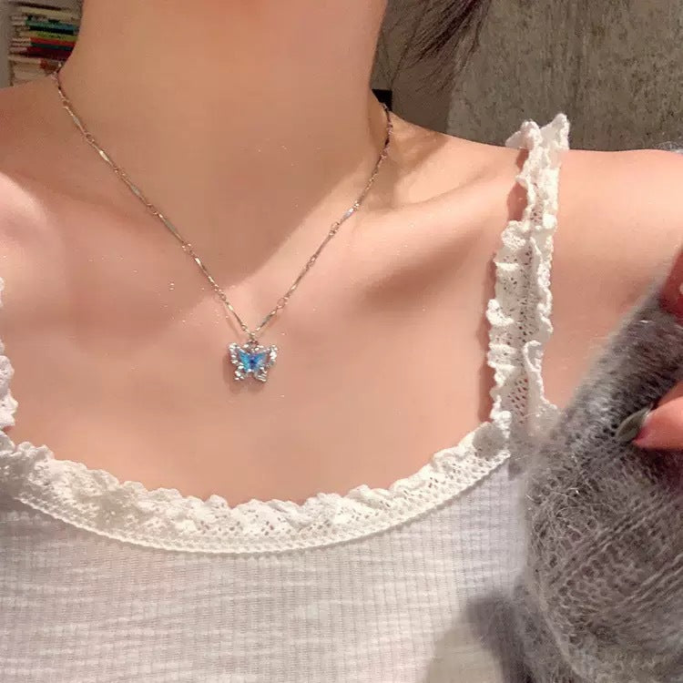 S925 Silver Blue Butterfly & Gemstone Jewelry Set Layered Necklace & Anklet for Women