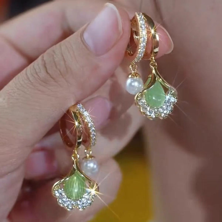 Ginkgo Leaf Drop Earrings with Pearl & Diamond Accents