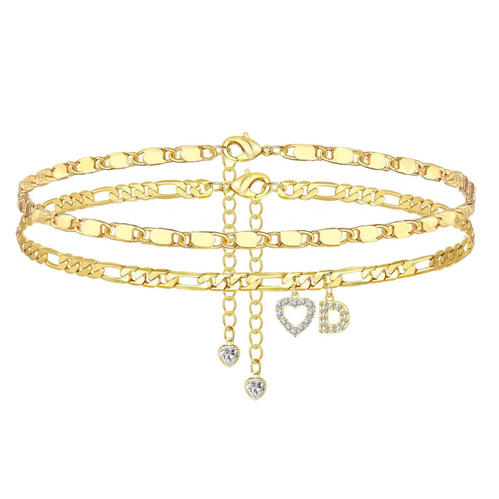 Layered Initial Heart Bracelet & Anklet Set 26 Letters Customizable Beach Jewelry for Women