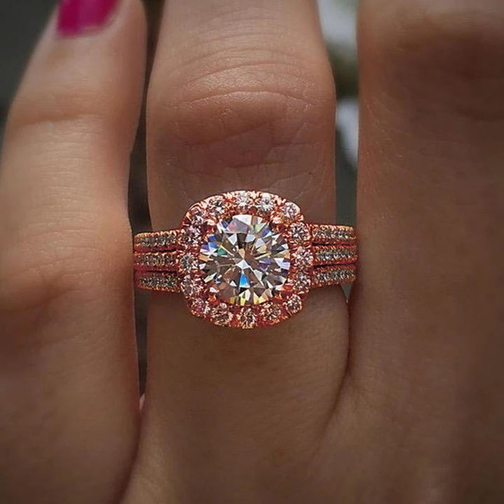 Three-Row Halo Engagement Ring Cushion Cut Gemstone Promise Ring for Women