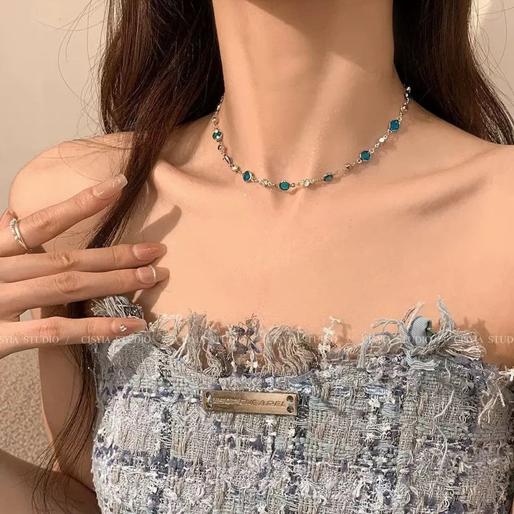 S925 Silver Blue Butterfly & Gemstone Jewelry Set Layered Necklace & Anklet for Women