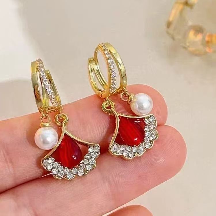 Ginkgo Leaf Drop Earrings with Pearl & Diamond Accents