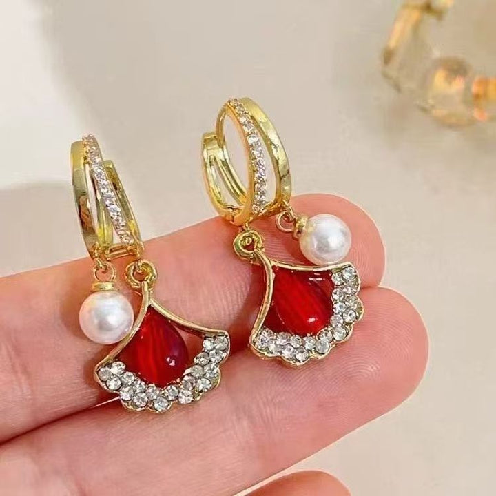 Ginkgo Leaf Drop Earrings with Pearl & Diamond Accents