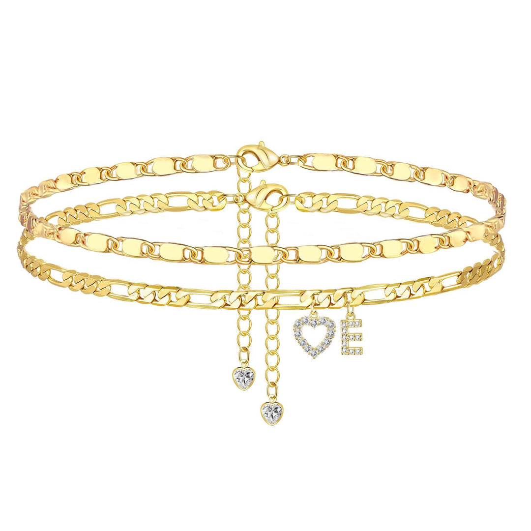 Layered Initial Heart Bracelet & Anklet Set 26 Letters Customizable Beach Jewelry for Women