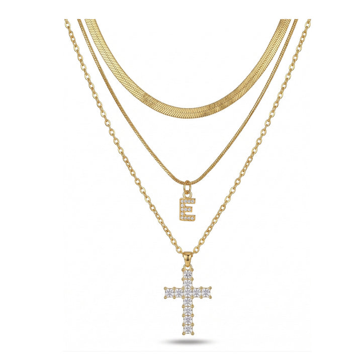 S925 Silver Layered Initial & Cross Pendant Necklace Set 26 Letters Diamond Snake Chain Necklace for Women