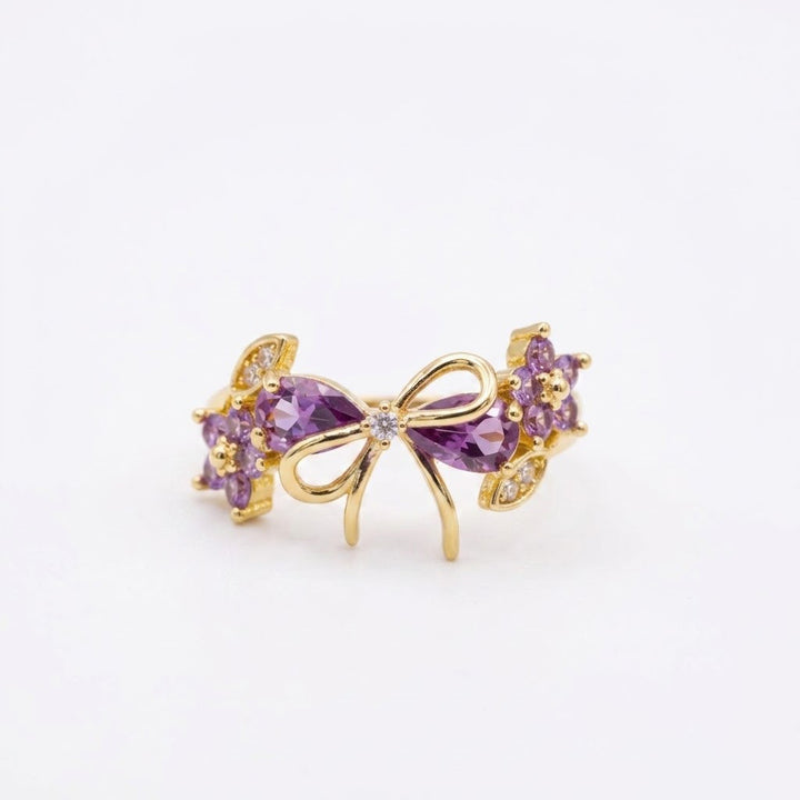 Bow & Floral Gemstone Open Ring