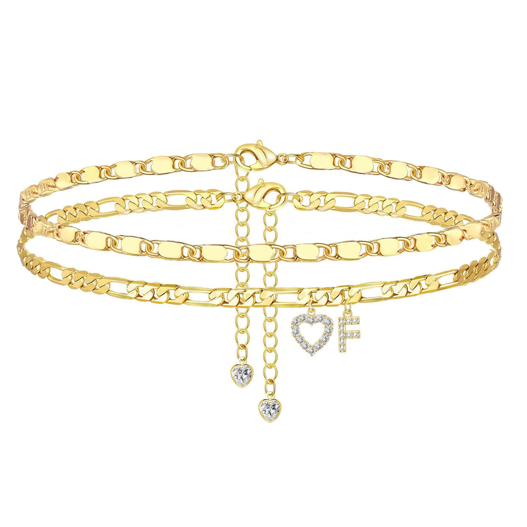 Layered Initial Heart Bracelet & Anklet Set 26 Letters Customizable Beach Jewelry for Women