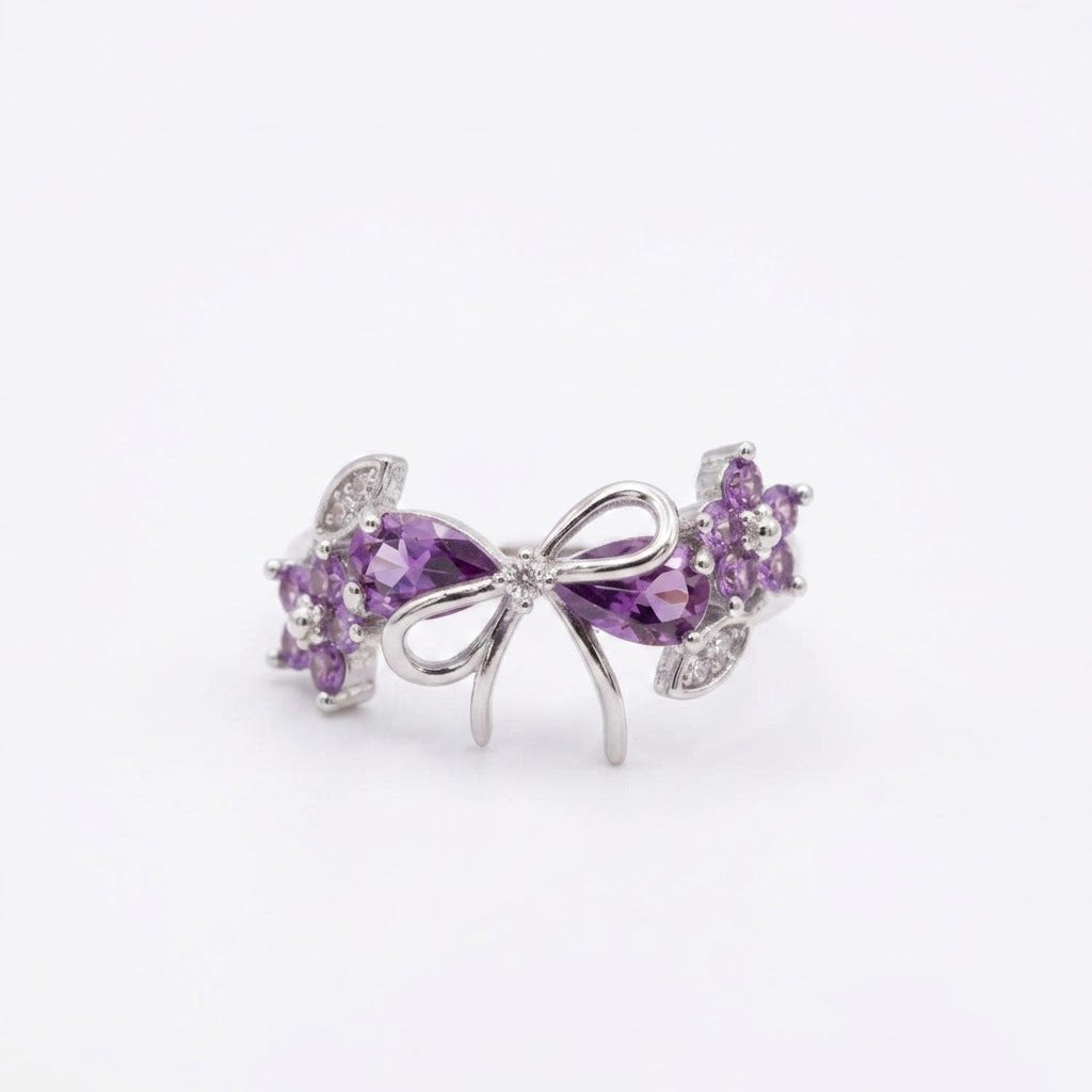 Bow & Floral Gemstone Open Ring