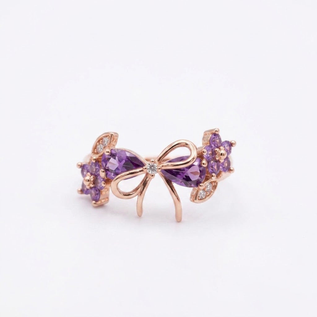 Bow & Floral Gemstone Open Ring